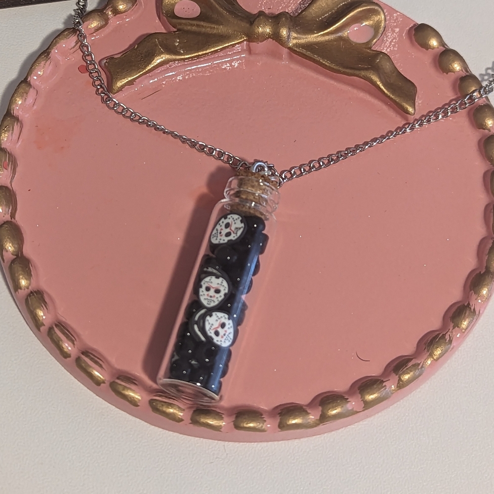 Jason Mask Accented Glass Jar Charm Necklace New!